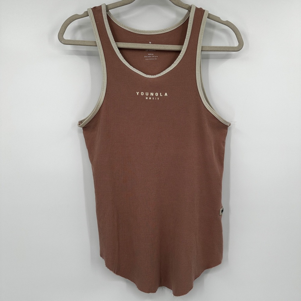 YoungLA Womens Ribbed Tank Top Mauve Pink Raw Hem Rocket Graphic Medium Y2K Gym